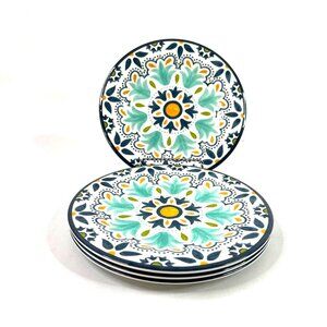 Bobby Flay Set of 4 Melamine Salad Plates 8.75" Navy Turquoise Spanish Medallion